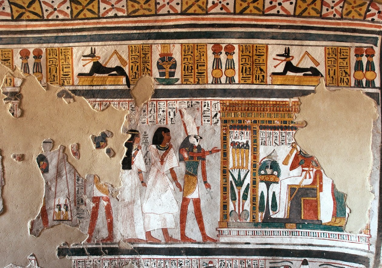 Antichità egizia: Horus guida Roy e sua moglie da Osiride. Frammenti di affresco dalla tomba di Roy (TT255). XVIII dinastia. Dalla Riva Ovest di Luxor, Egitto da Egyptian 18th Dynasty