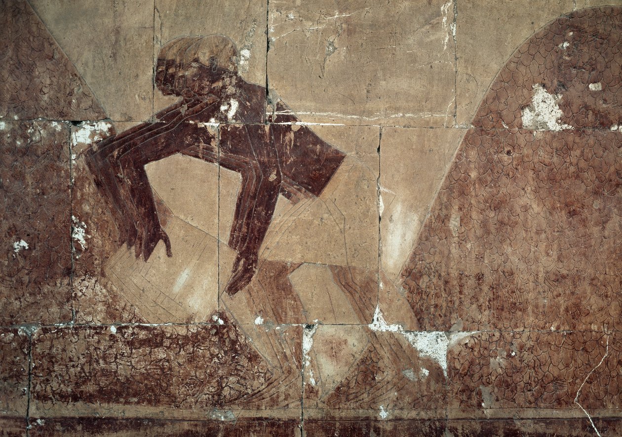 Scambio di cibo, dettaglio della scena che raffigura la spedizione nella Terra di Punt, rilievo dipinto, Colonnato di Punt, Tempio Funerario di Hatshepsut, Deir el-Bahari, Necropoli Tebana, Civiltà Egizia, Nuovo Regno, XVIII Dinastia da Egyptian 18th Dynasty