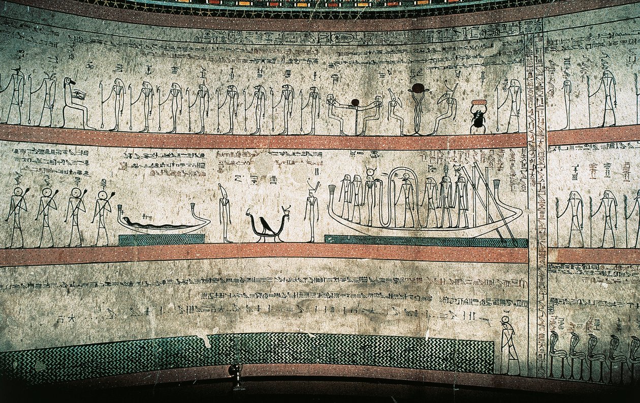 Affreschi raffiguranti il Libro di Amduat, Il viaggio della barca solare, sulla parete ovest della camera funeraria da Egyptian 18th Dynasty