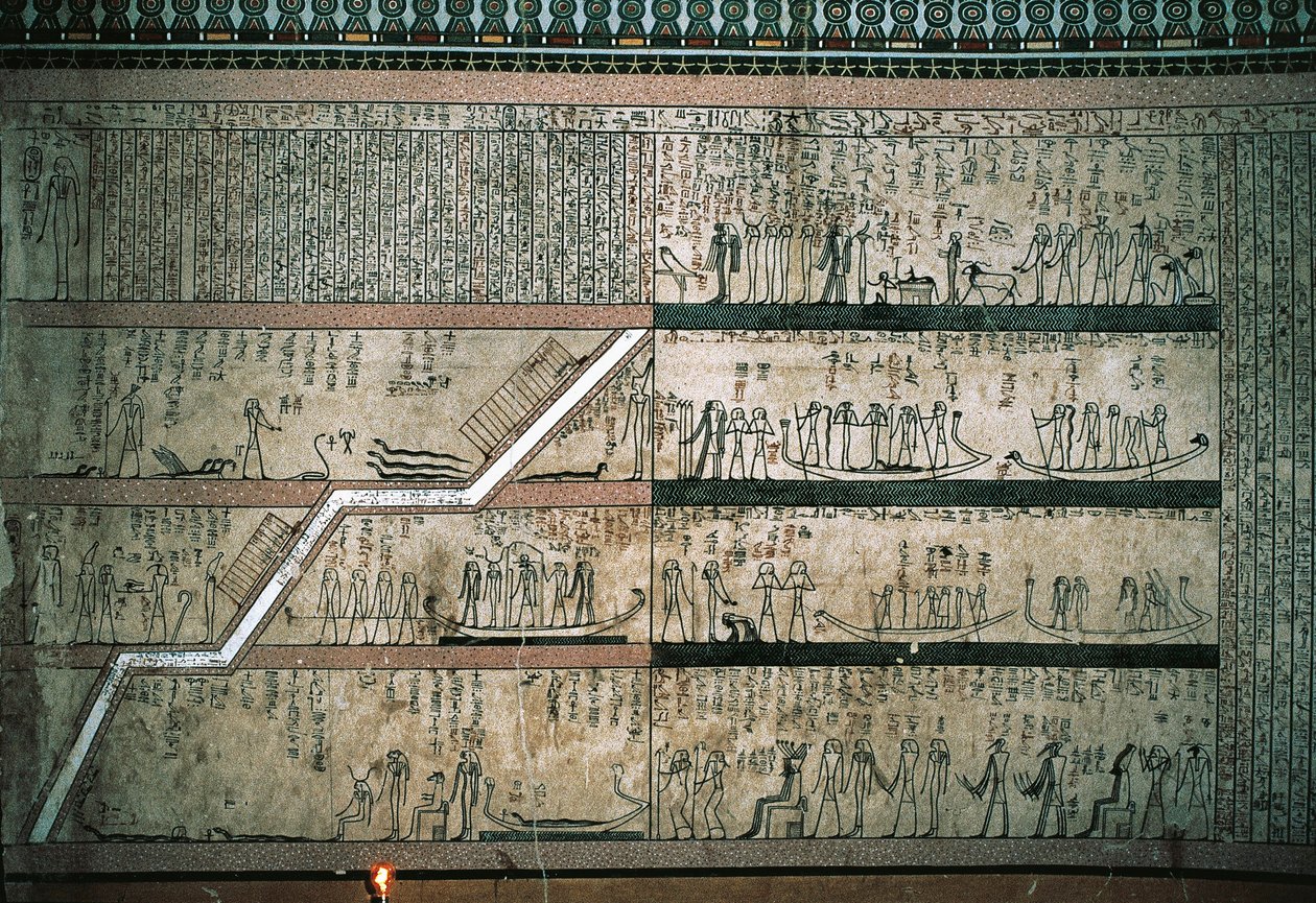 Affreschi raffiguranti il Libro di Amduat, Il viaggio della barca solare, sulla parete est della camera sepolcrale da Egyptian 18th Dynasty