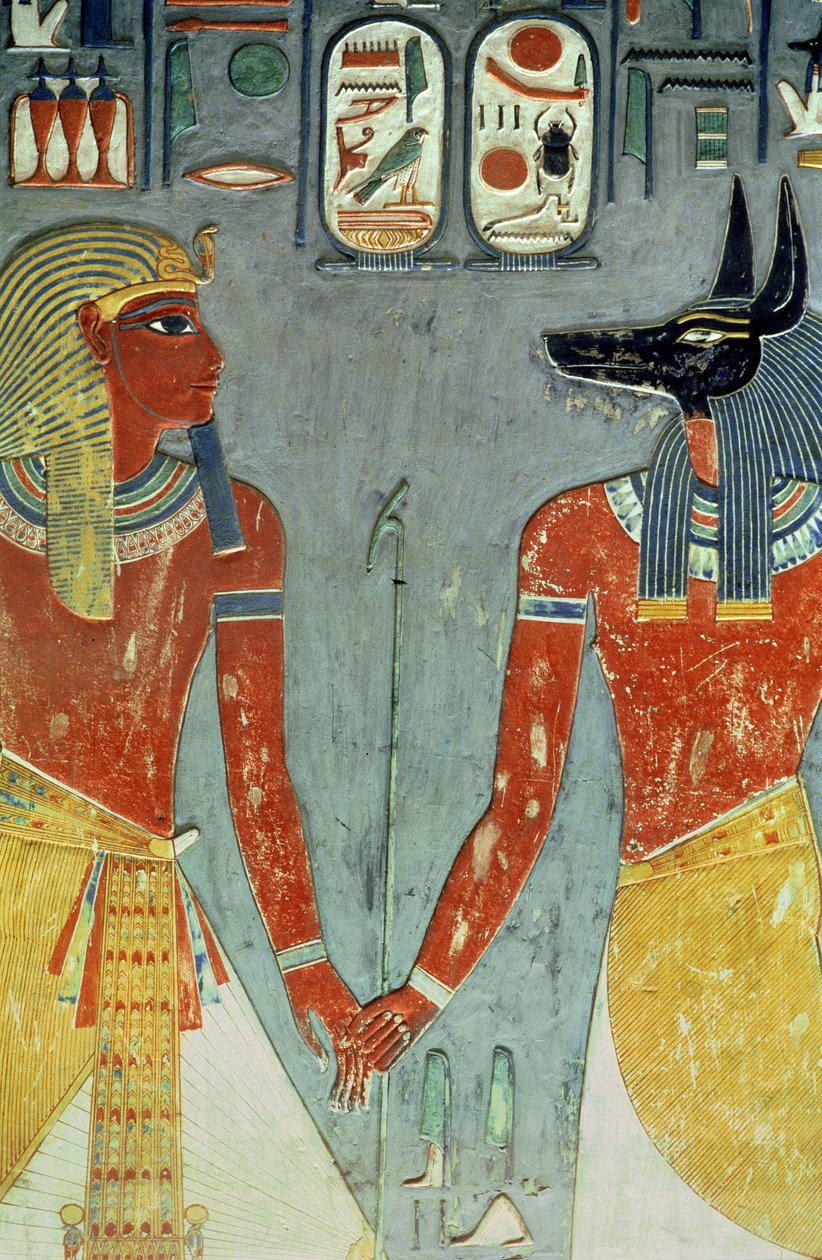 Horemheb e Anubi, dalla Tomba di Horemheb (c.1323-1295 a.C.) Nuovo Regno da Egyptian 18th Dynasty