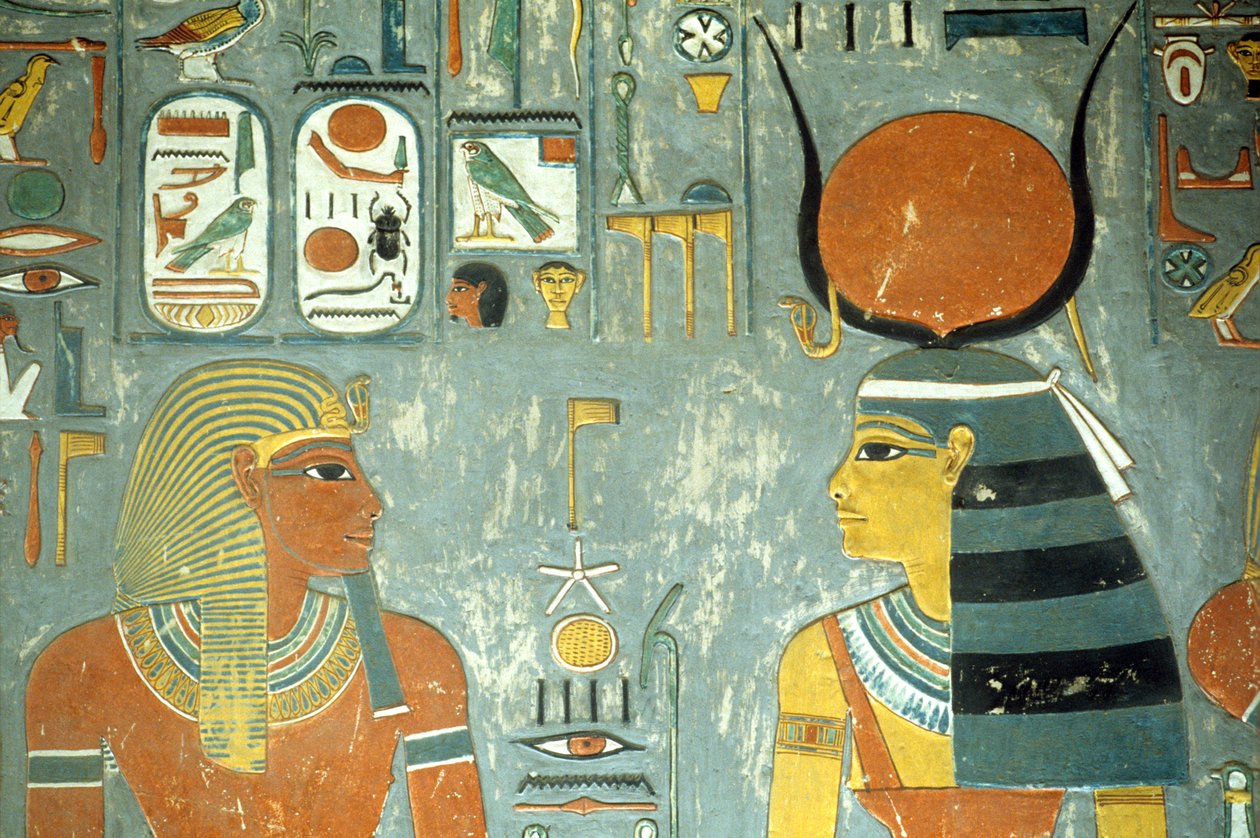 Horemheb e Hathor, dalla Tomba di Horemheb (c.1323-1295 a.C.) Nuovo Regno (pittura murale) (dettaglio) da Egyptian 18th Dynasty