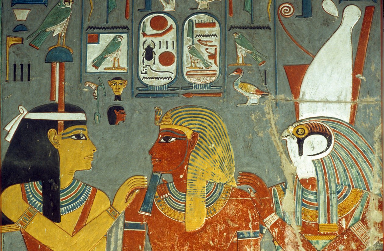 Horus, Horemheb e Hathor, dalla Tomba di Horemheb (c.1323-1295 a.C.) Nuovo Regno da Egyptian 18th Dynasty