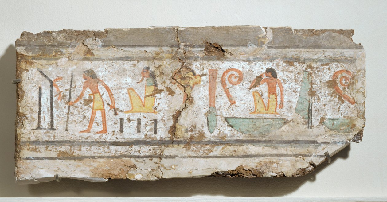 Iscrizione in geroglifici particolarmente chiari: un uomo con il suo bastone da passeggio, un dio barbuto accovacciato, un uomo con la mano alla bocca ... da Egyptian 18th Dynasty