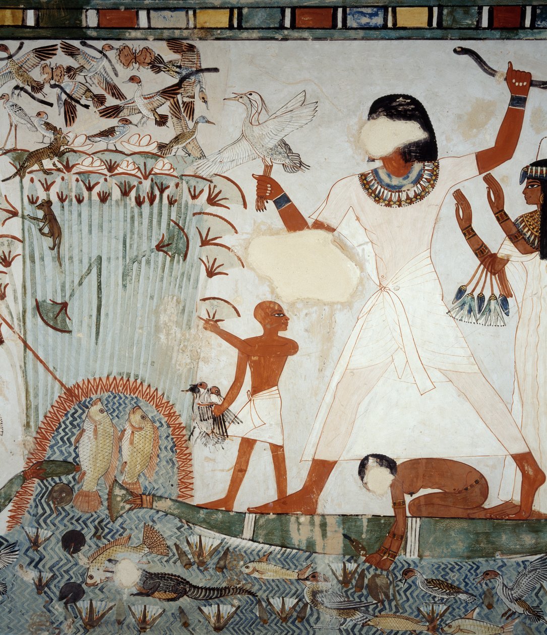 Menna e la sua famiglia pescano e cacciano nelle paludi del Nilo, dettaglio degli affreschi nella cappella della Tomba di Menna, Necropoli di Sheikh Abd el Qurnah, Luxor, Tebe (Patrimonio Mondiale dell