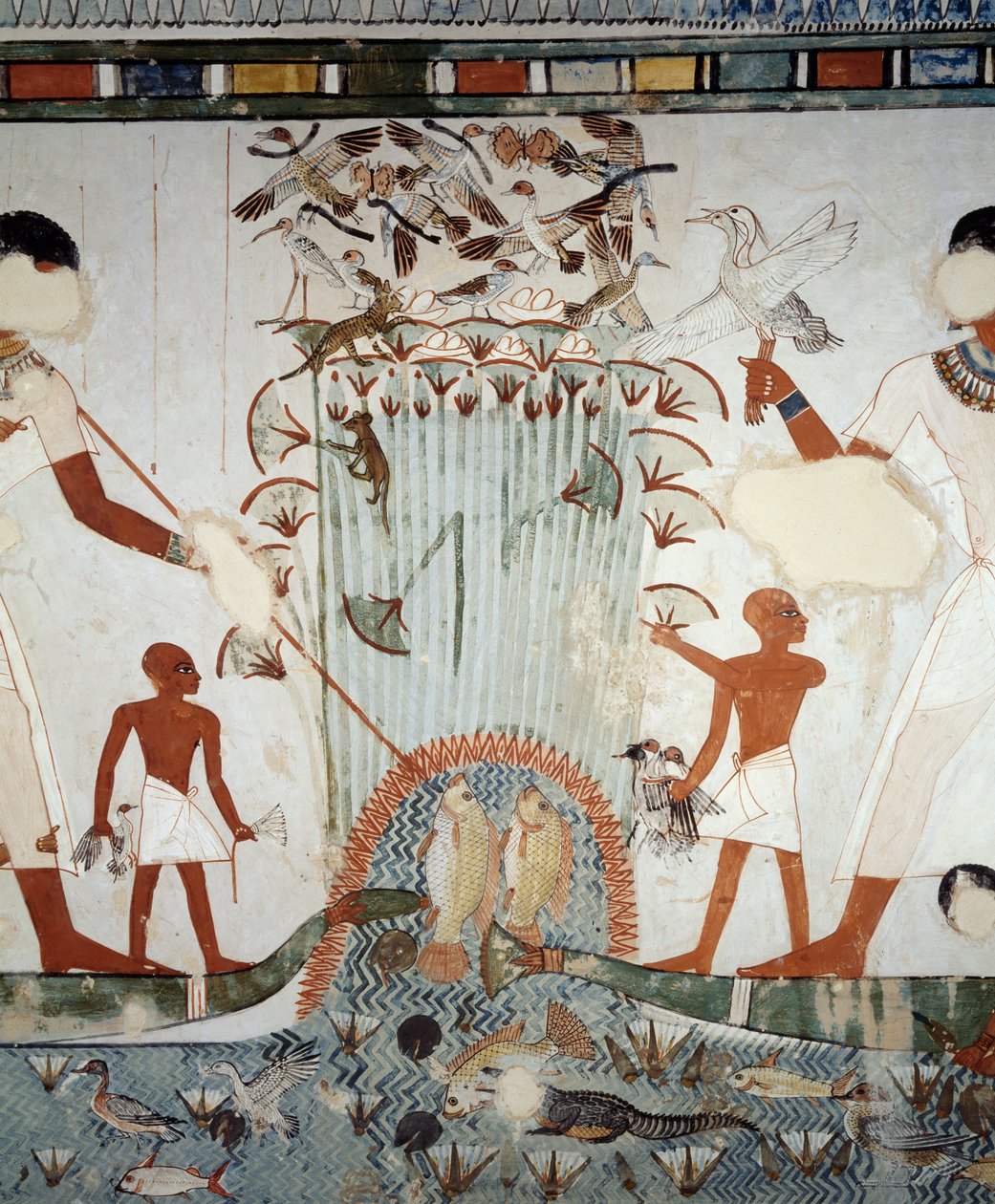 Menna e la sua famiglia che pescano e cacciano nelle paludi del Nilo, (dettaglio) dagli affreschi nella cappella della Tomba di Menna, Necropoli di Sheikh Abd el Qurnah, Luxor, Tebe (Patrimonio dell