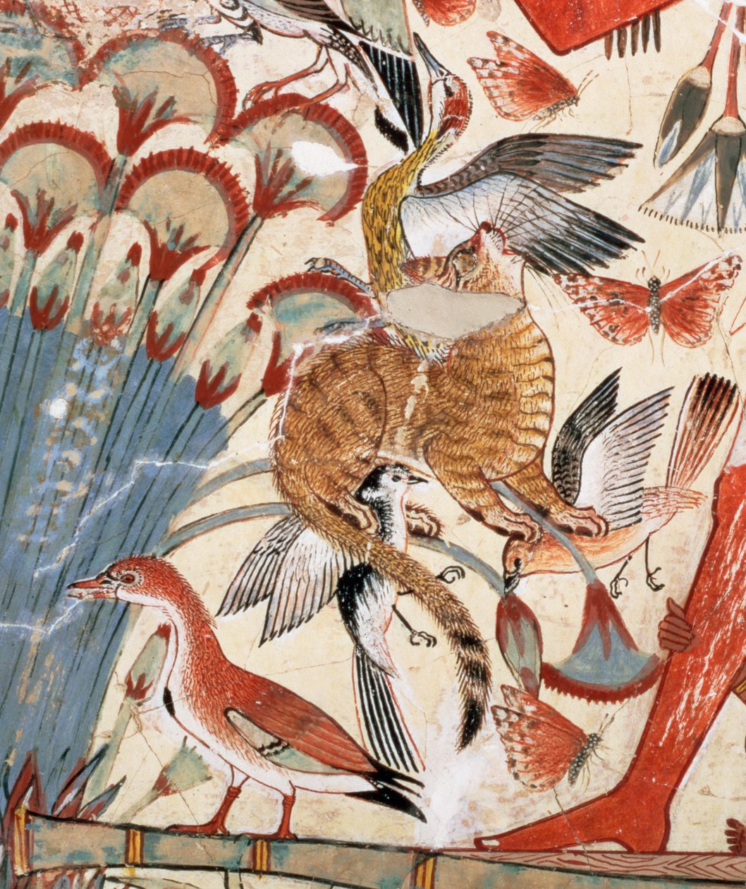 Nebamun che caccia nelle paludi con sua moglie e sua figlia, parte di un dipinto murale dalla cappella-tomba di Nebamun, Tebe, Nuovo Regno, c.1350 a.C. (dettaglio) da Egyptian 18th Dynasty