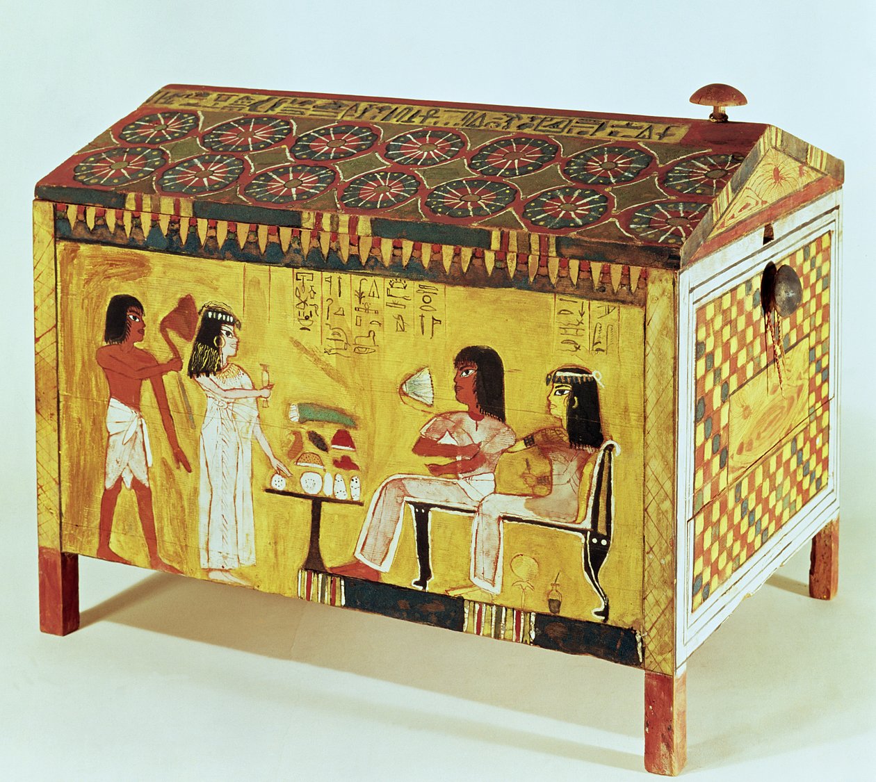 Baule dipinto con una scena di banchetto dalla tomba di Kha (m.c.1390-52 a.C.) trovato a Deir el-Medina, Nuovo Regno da Egyptian 18th Dynasty