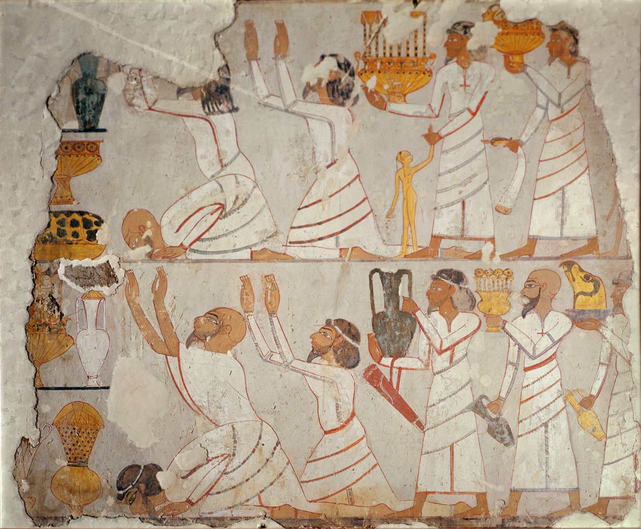 Parte di una parete tombale dipinta che mostra portatori di tributi asiatici, c.1400 a.C. (intonaco dipinto su pietra) da Egyptian 18th Dynasty
