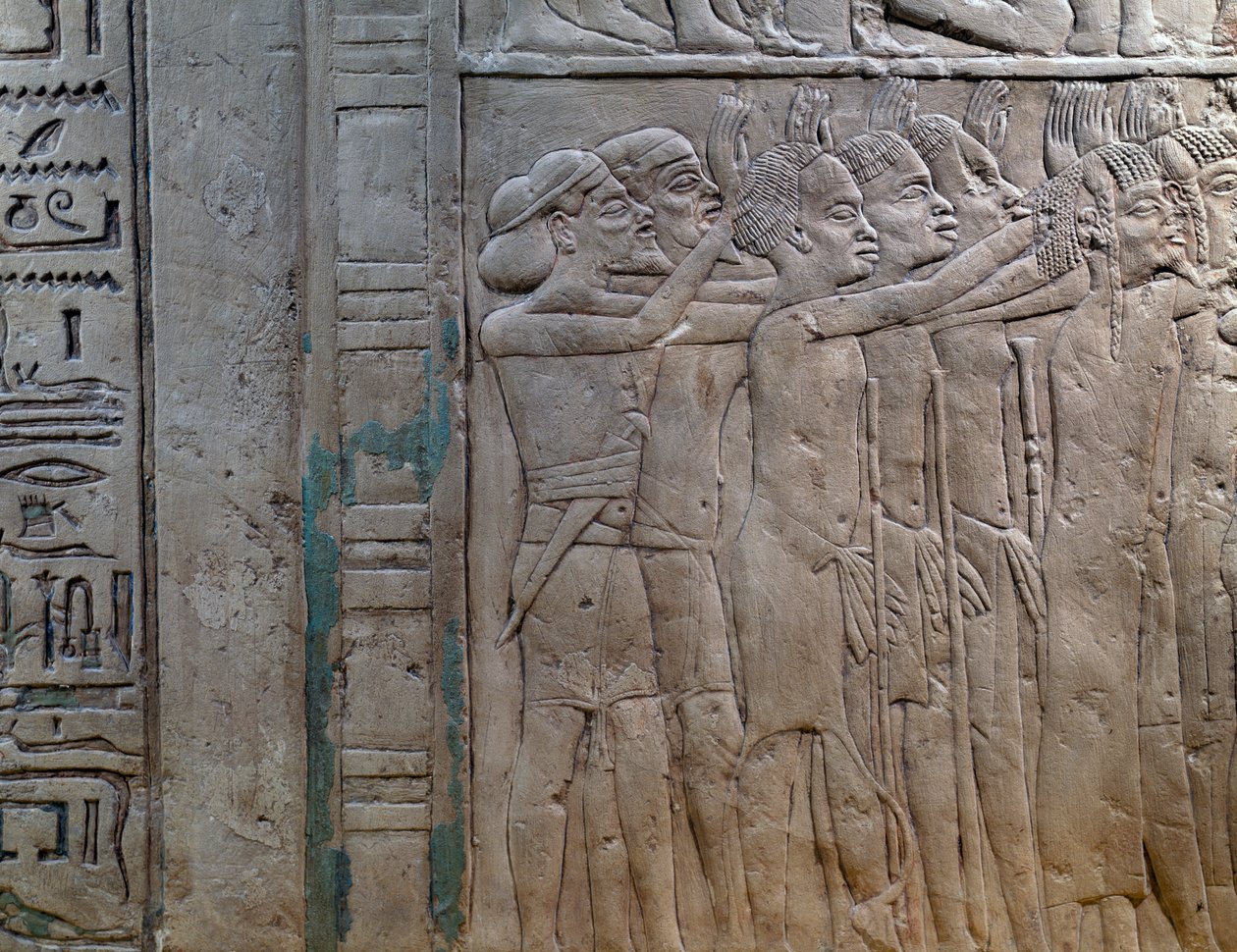 Principi di Nubia, Libia, Siria e Palestina che rendono omaggio al re, bassorilievo in pietra calcarea, dalla Tomba Memphite di Horemheb a Saqqara, Civiltà Egizia, Nuovo Regno, Dinastia XVIII da Egyptian 18th Dynasty