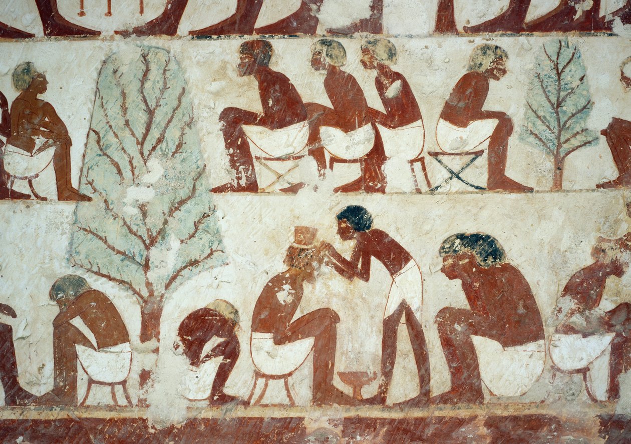 Soldati che si tagliano i capelli, (dettaglio) dagli affreschi nella Tomba di Userhat, Necropoli di Sheikh Abd el Qurnah, Luxor, Tebe (Patrimonio dell