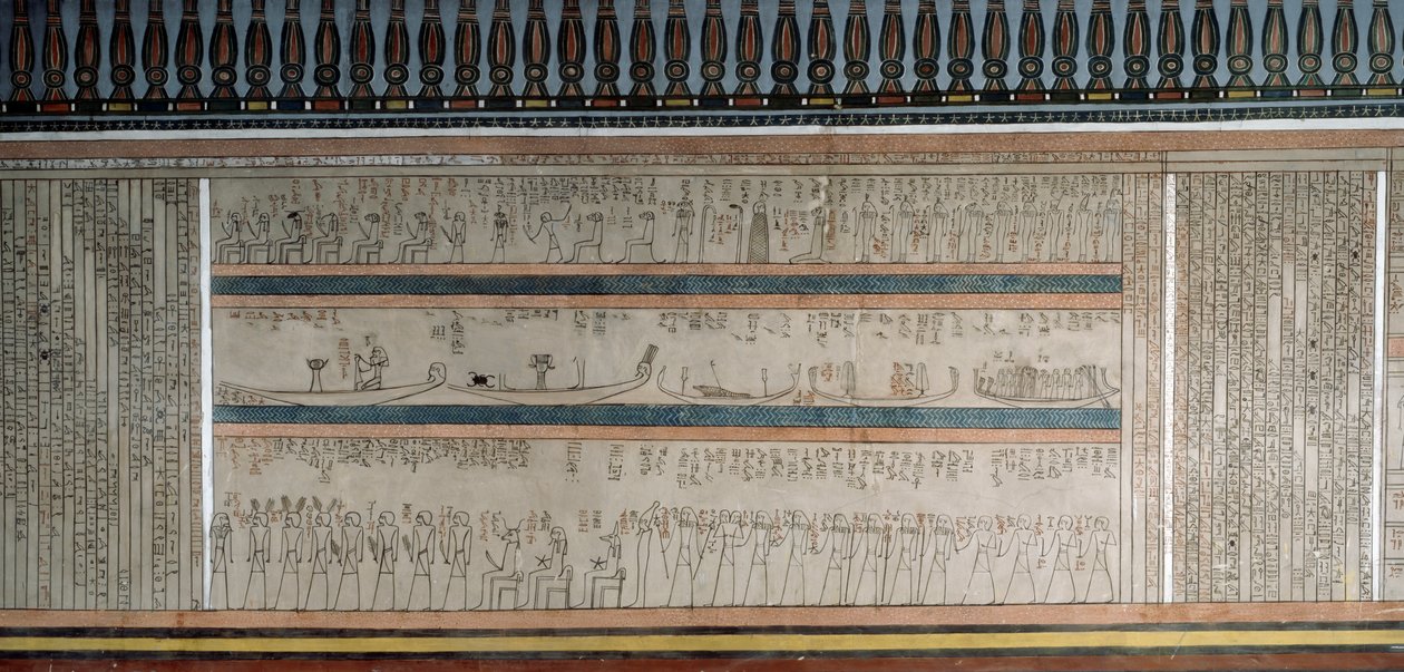 Testo e figure dal Libro di Amduat, dettaglio degli affreschi nella camera funeraria di Amenhotep II, Valle dei Re, Luxor, Tebe (Patrimonio Mondiale dell