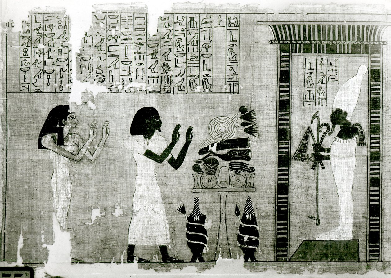 Il defunto accompagnato dalla sorella va a rendere omaggio a Osiride, dettaglio dal Libro dei Morti, Nuovo Regno da Egyptian 18th Dynasty