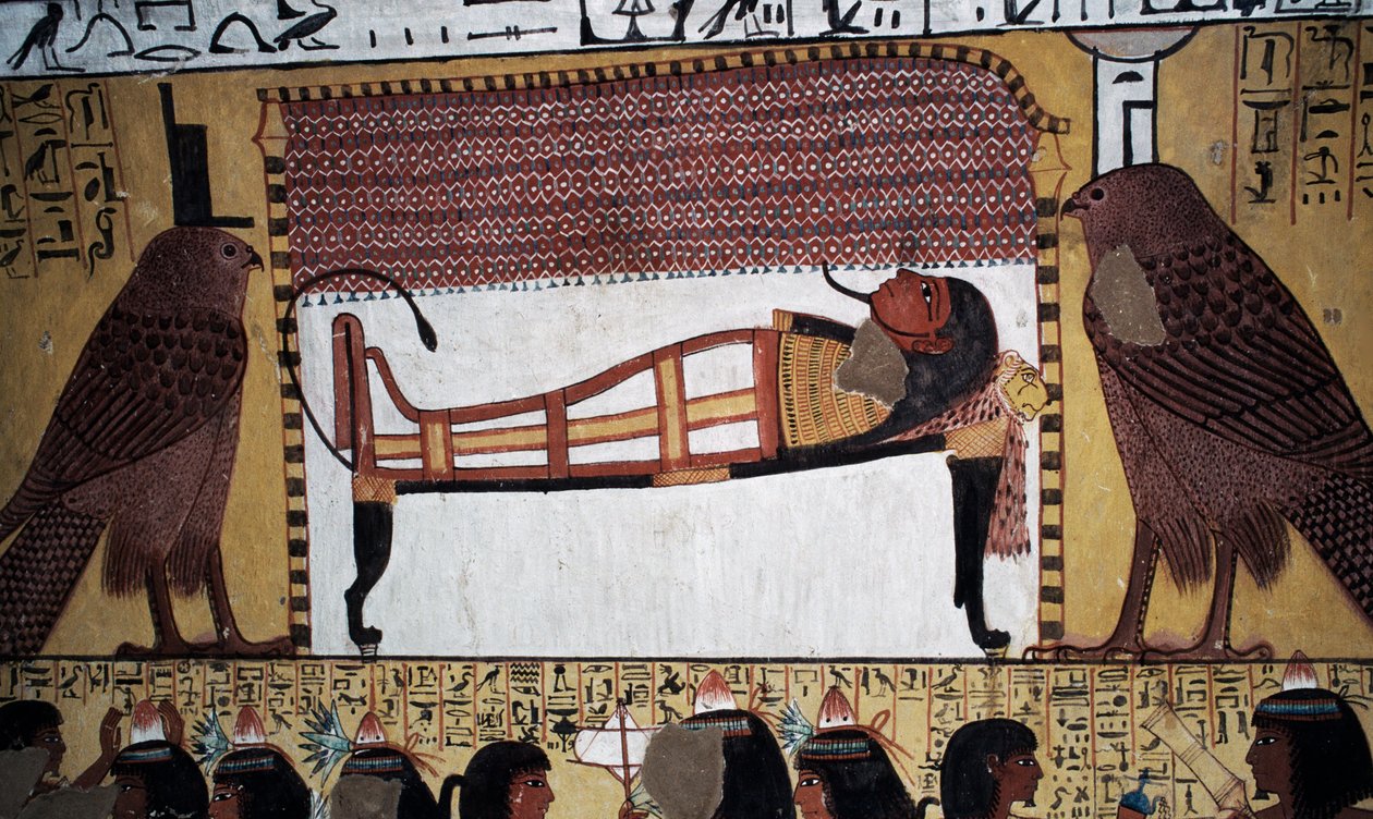 La deposizione del defunto, pittura murale, Tomba di Sennedjem, Valle dei Re, Luxor, Tebe (Sito del Patrimonio Mondiale UNESCO) da Egyptian 18th Dynasty
