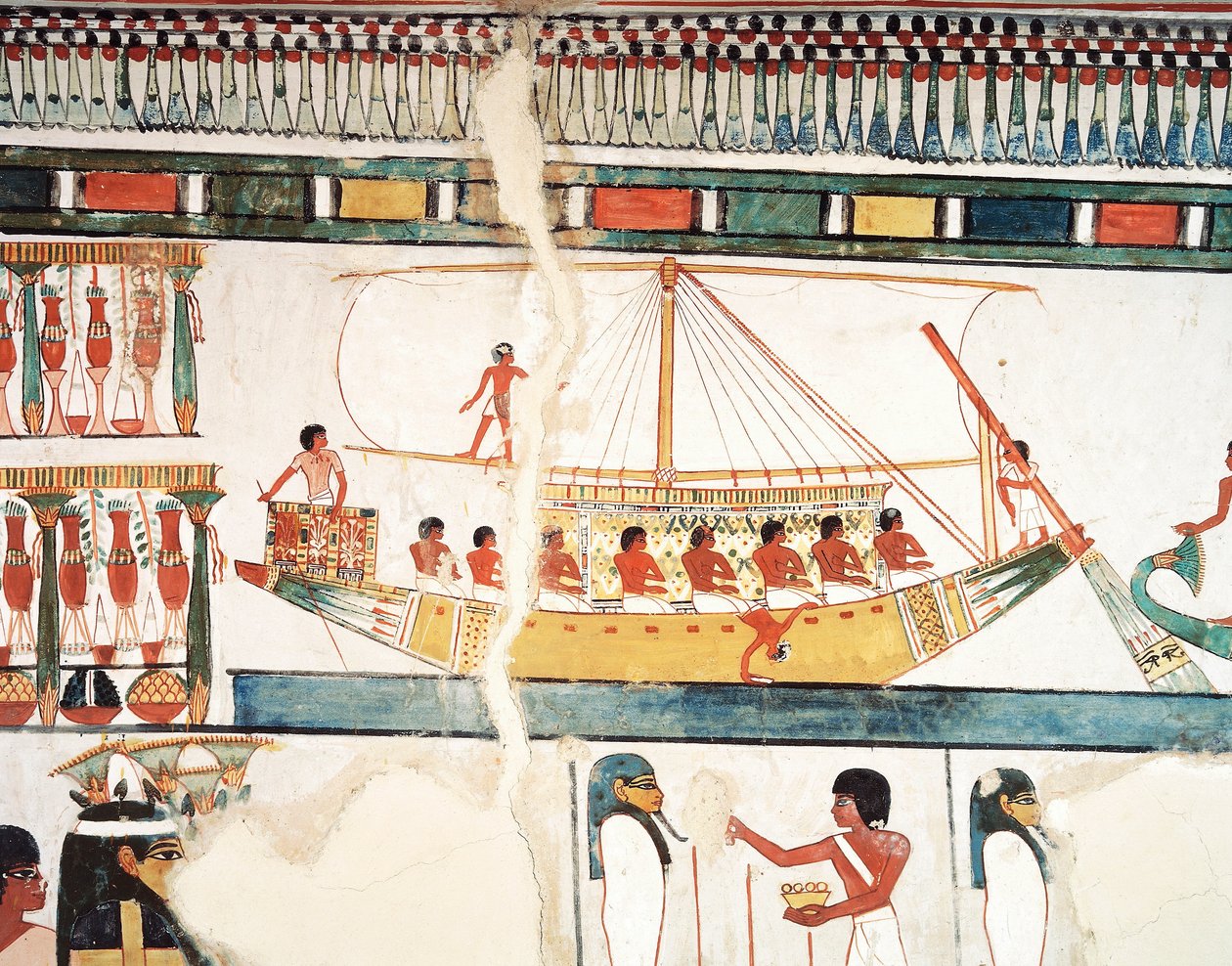 La nave solare, dettaglio del pellegrinaggio ad Abido, affresco, parete nord, sala da pranzo lunga, Tomba Tebana TT69, Sheikh Abd el-Qurna, Tebe (Patrimonio Mondiale dell
