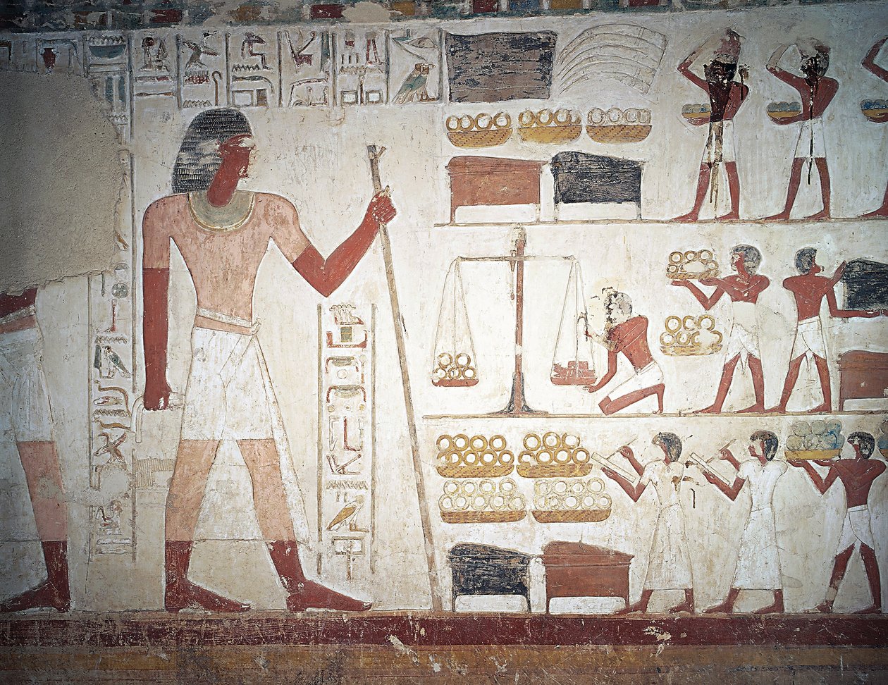 La pesatura del rame, affresco, Tomba di Userhat, tutore e scriba durante il regno di Amenhotep II, conosciuta anche come tomba TT56, Sheikh Abd el-Qurna, Tebe (Lista del Patrimonio Mondiale dell