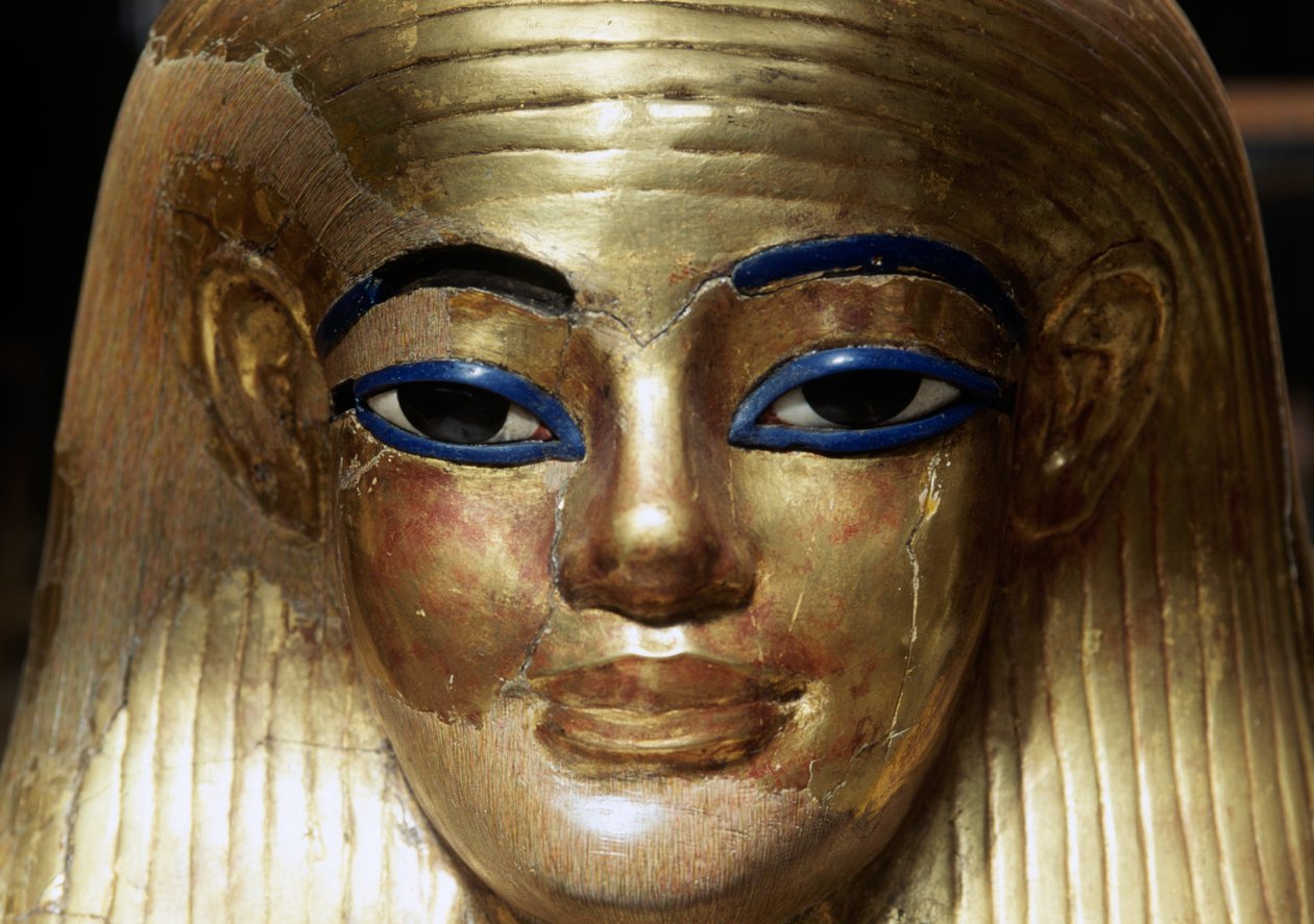 Maschera mortuaria di Yuya, dalla tomba di Yuya Tjuya, Valle dei Re, Egitto, civiltà egizia, Nuovo Regno, Dinastia XVIII, (dettaglio) da Egyptian 18th Dynasty