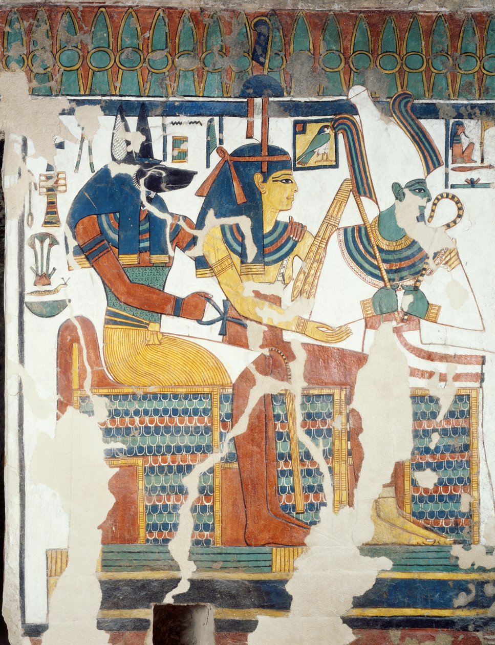 Anubi, Osiride e Nefertari, dalla seconda camera della Tomba di Nefertari (dettaglio) da Egyptian 19th Dynasty