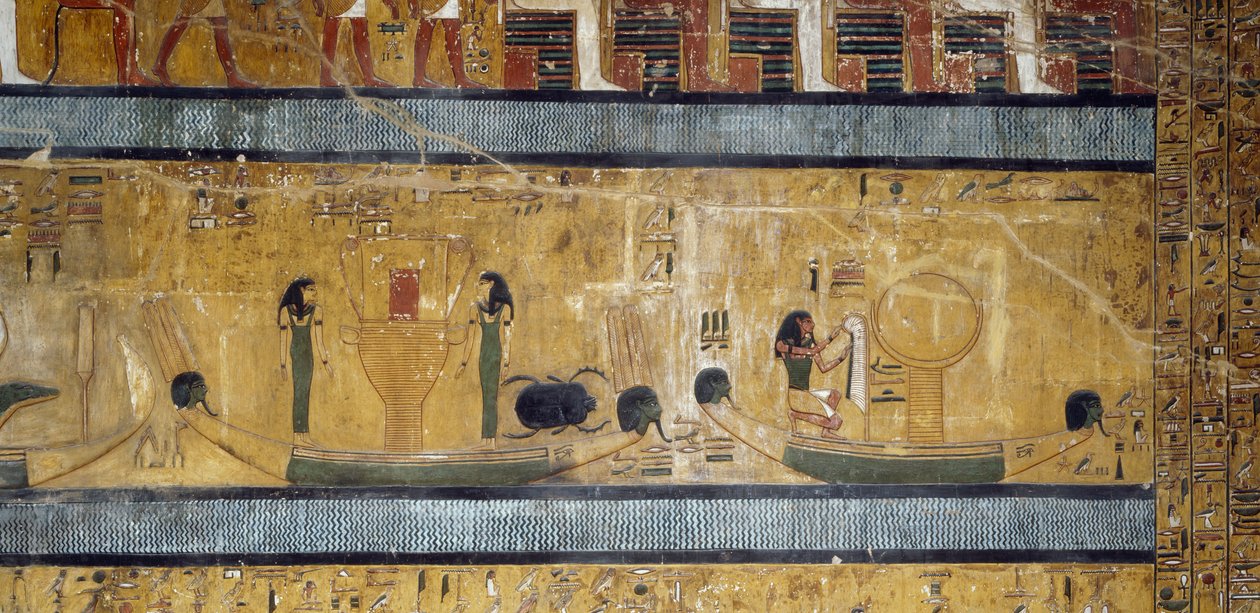 Barche con sistri, dee e scarabeo, dio con piuma di struzzo e luna su scatola, affresco dalla grande Sala Ipostila della Tomba di Seti I, Valle dei Re, Luxor, Tebe (Unesco) da Egyptian 19th Dynasty
