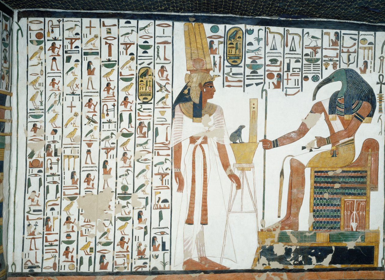 Capitolo 94 del Libro dei Morti, Nefertari davanti al dio Thoth, lo scriba dalla testa di ibis, affresco, parete nord, lato est della camera, Tomba di Nefertari (QV66), Valle delle Regine, Tebe. Civiltà egizia, Nuovo Regno, Dinastia XIX. da Egyptian 19th Dynasty