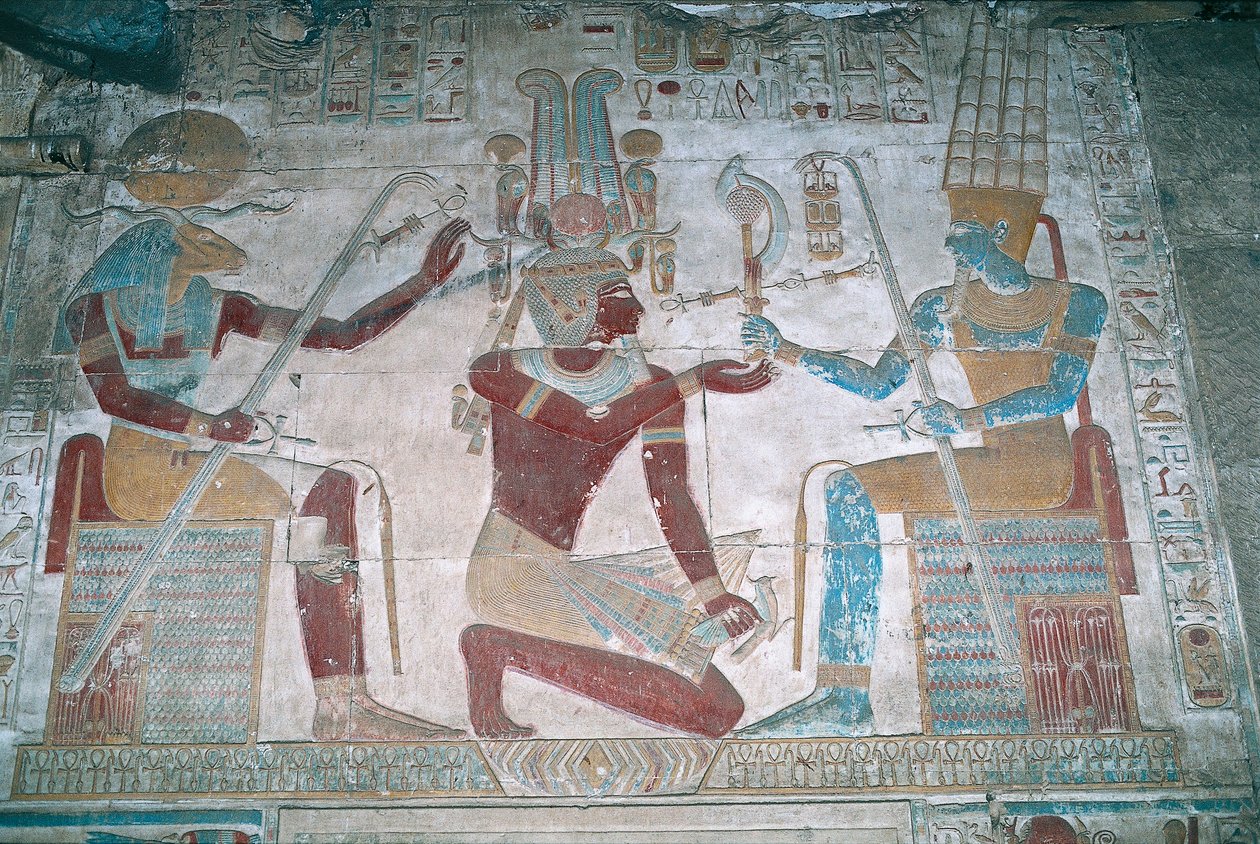 Egitto, Abido, Tempio del faraone Seti I, cappella di Osiride, rilievo dipinto da Egyptian 19th Dynasty
