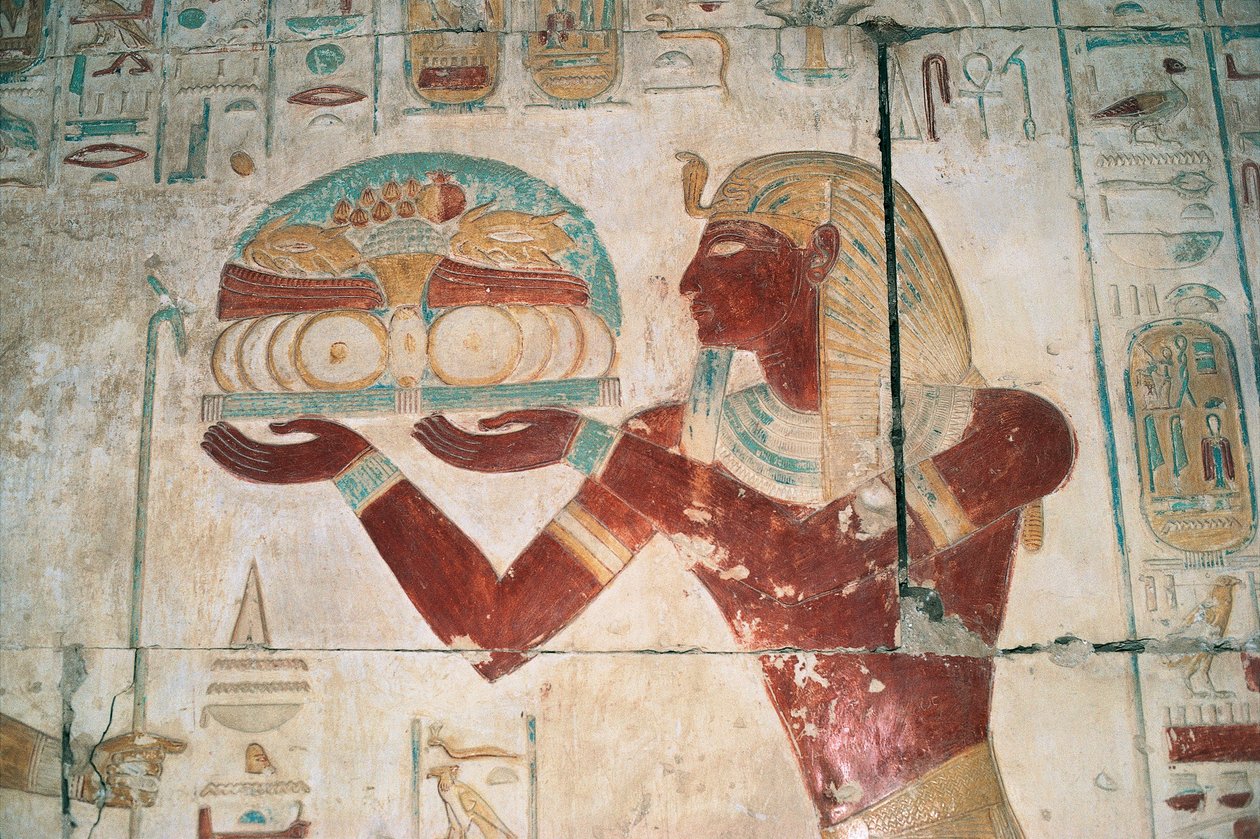 Egitto, Abydos, Tempio del faraone Seti I, cappella di Osiride, rilievo dipinto che raffigura un portatore di offerte da Egyptian 19th Dynasty