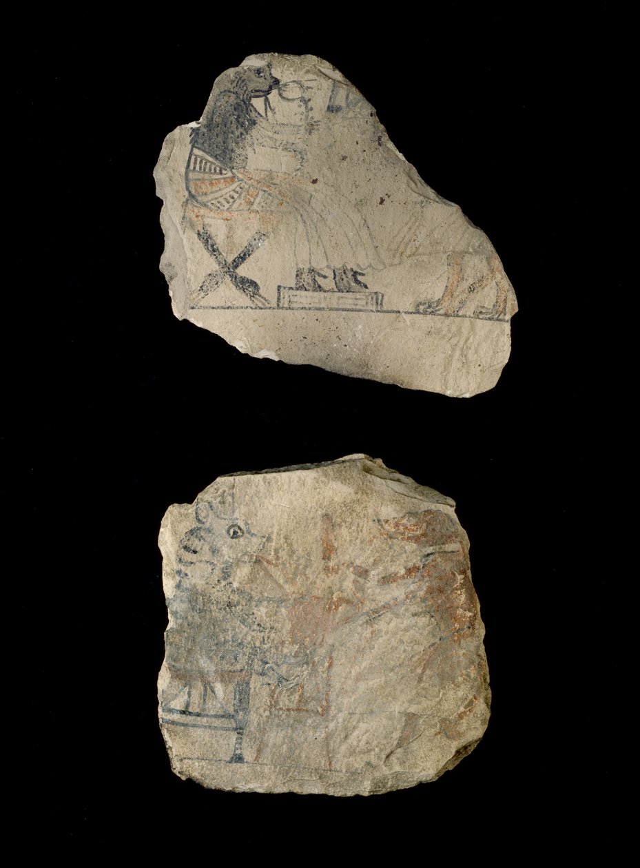 Ostrakon di calcare con schizzi umoristici in inchiostro rosso e nero da Egyptian 19th Dynasty