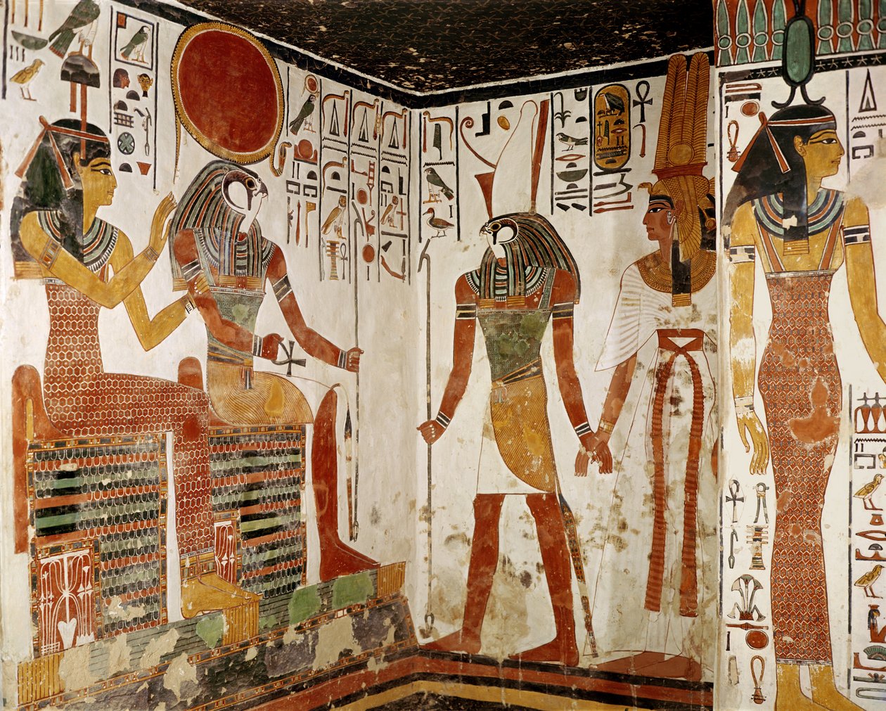 Nefertari è portata davanti al dio Re-Horakhty da Horus, dalla Tomba di Nefertari, Nuovo Regno (dipinto murale) da Egyptian 19th Dynasty