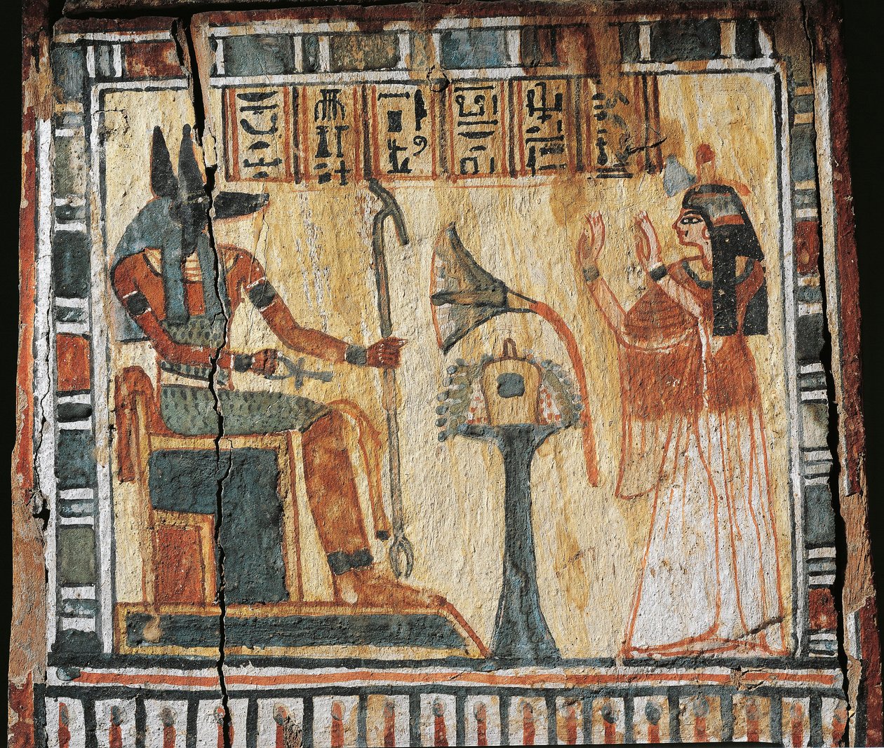 Scatola di legno dipinta raffigurante defunto e dio Anubi, per shabti di Tamutnofret da Egyptian 19th Dynasty