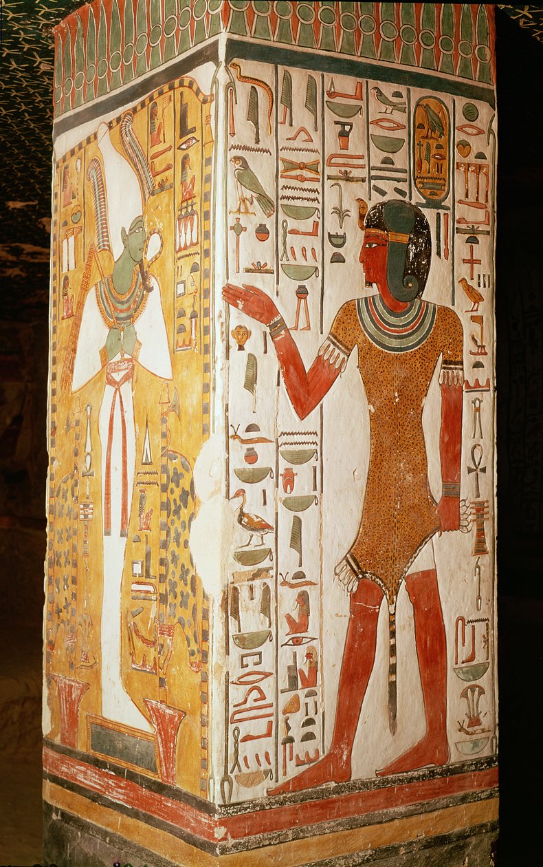 Pilastro raffigurante Osiride e un sacerdote che indossa una pelle di pantera, dalla Tomba di Nefertari, Nuovo Regno da Egyptian 19th Dynasty
