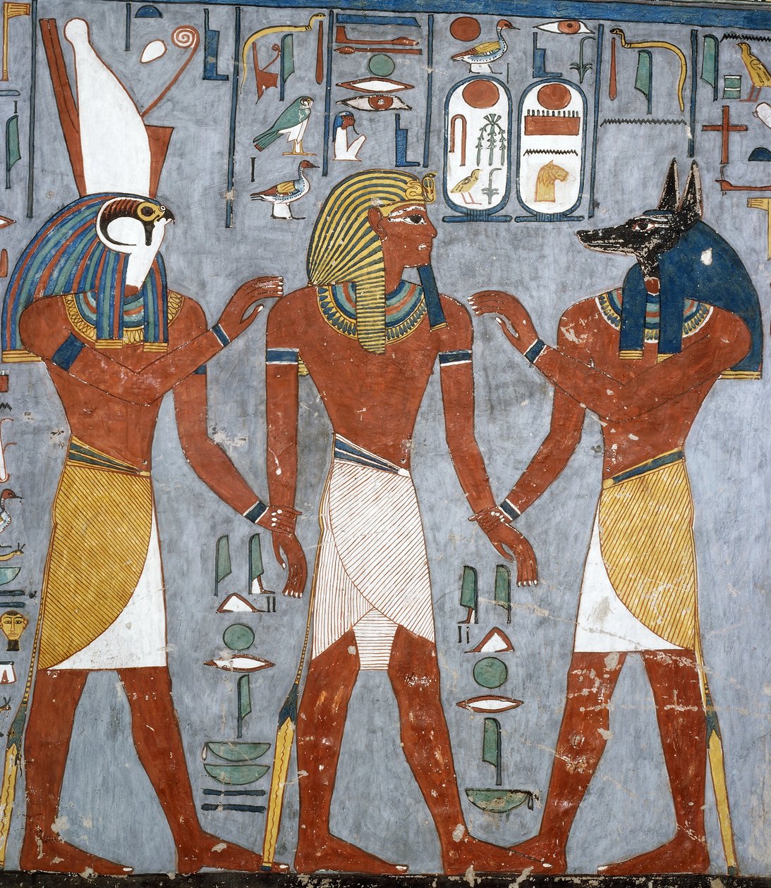 Ramesse I tra Horus e Anubi, affresco, camera funeraria, Tomba di Ramesse I (KV16), Valle dei Re, Tebe (Lista del Patrimonio Mondiale Unesco) da Egyptian 19th Dynasty