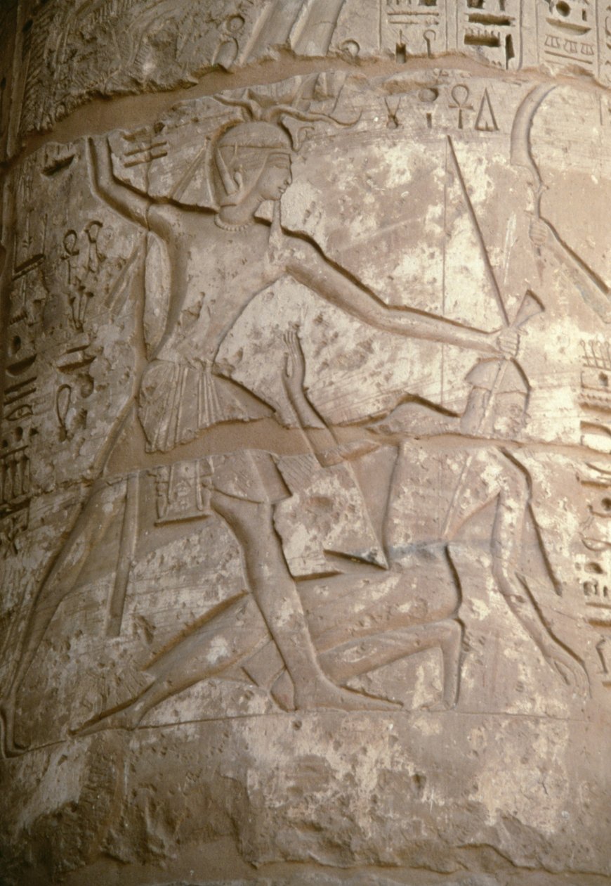 Ramses che tiene i suoi nemici asiatici per i capelli mentre si prepara a ucciderli, rilievo, Tempio di Seti I, Kanais, Egitto, Civiltà Egizia, Nuovo Regno, Dinastia XIX (foto) da Egyptian 19th Dynasty