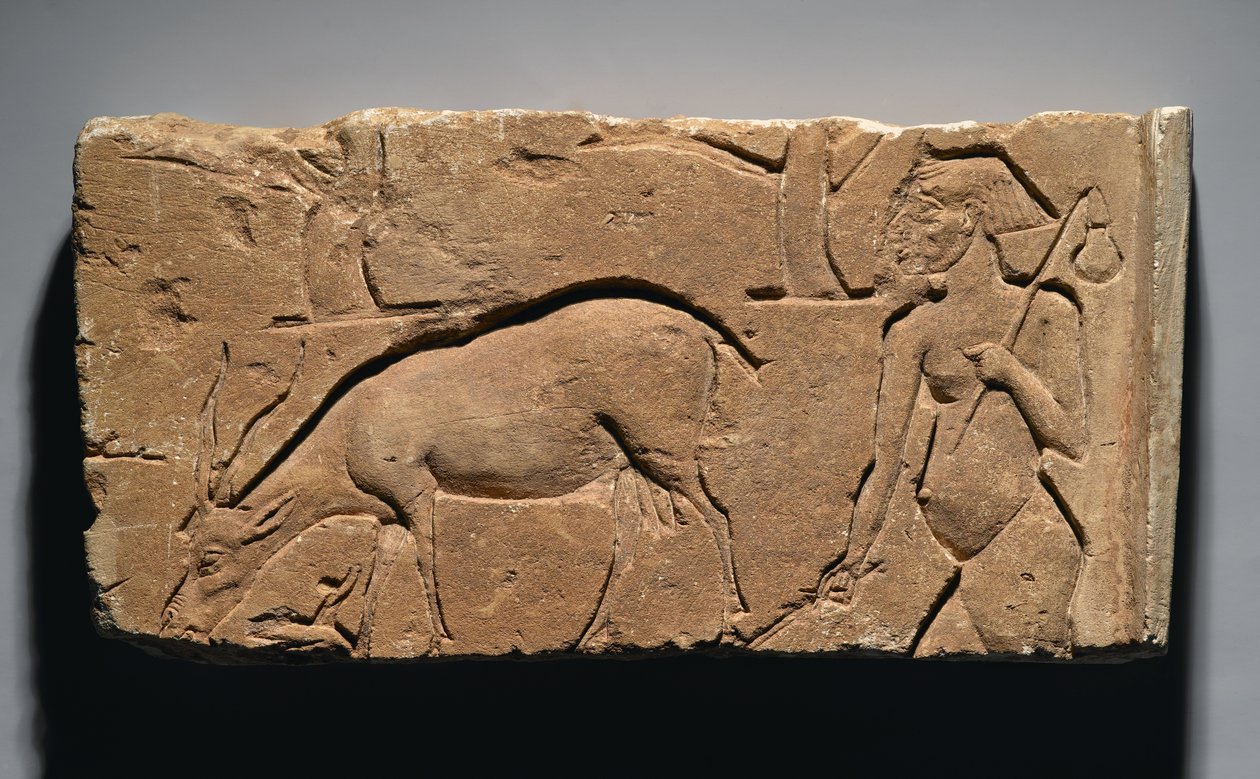 Rilievo che raffigura un capraio con una capra e alberi, forse da Tell el-Amarna, Nuovo Regno, 1350-1333 a.C. da Egyptian 19th Dynasty