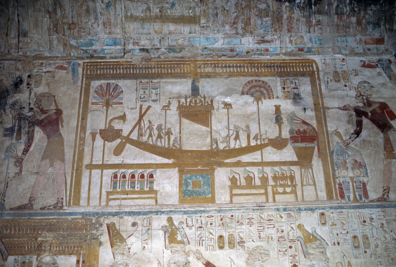 Barca sacra, bassorilievo, cappella di Osiride, Tempio di Seti I da Egyptian 19th Dynasty