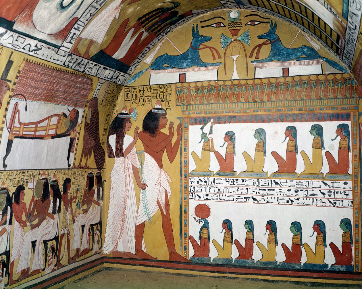 Sennedjem e sua moglie di fronte a un naos contenente dodici divinità, dalla parete ovest della tomba di Sennedjem, Il Villaggio degli Operai, Nuovo Regno da Egyptian 19th Dynasty