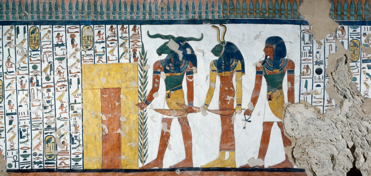 I tre geni che custodiscono la Seconda Porta del Regno di Osiride, Libro dei Morti, Capitolo 144, dettaglio dagli affreschi nella camera funeraria di Nefertari, Valle delle Regine, Luxor, Tebe. Civiltà egizia, Nuovo Regno, Dinastia XIX da Egyptian 19th Dynasty