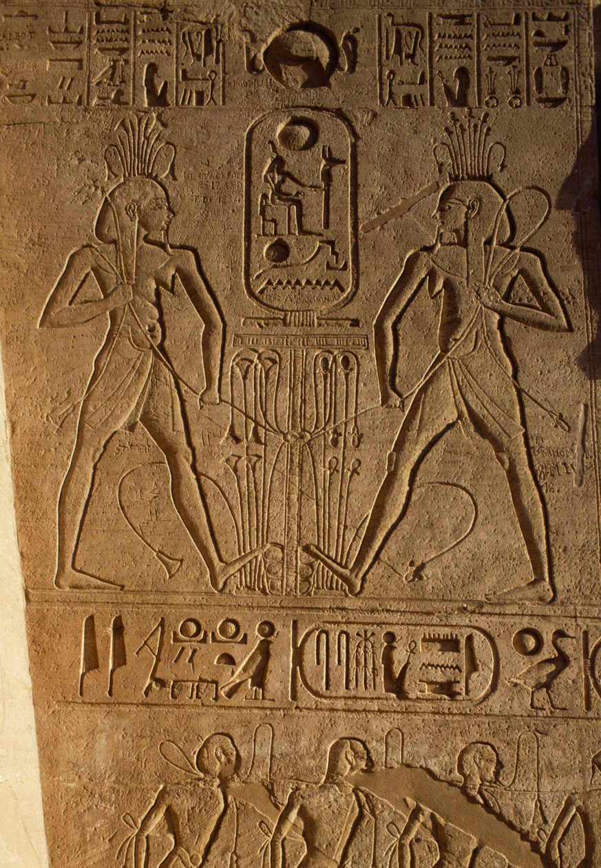 Unione tra Alto e Basso Egitto e cartiglio del Faraone, rilievo sulla base dei troni, Tempio di Ramesse II, Abu Simbel, Egitto, Nuovo Regno, Dinastia XIX da Egyptian 19th Dynasty