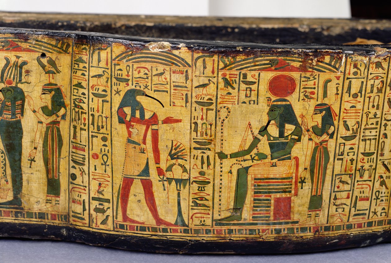 Dettaglio della base esterna del sarcofago della mummia di Nesyamun, possibilmente trovato a Deir El-Bahri, Nuovo Regno, c.1100 a.C. da Egyptian 20th Dynasty