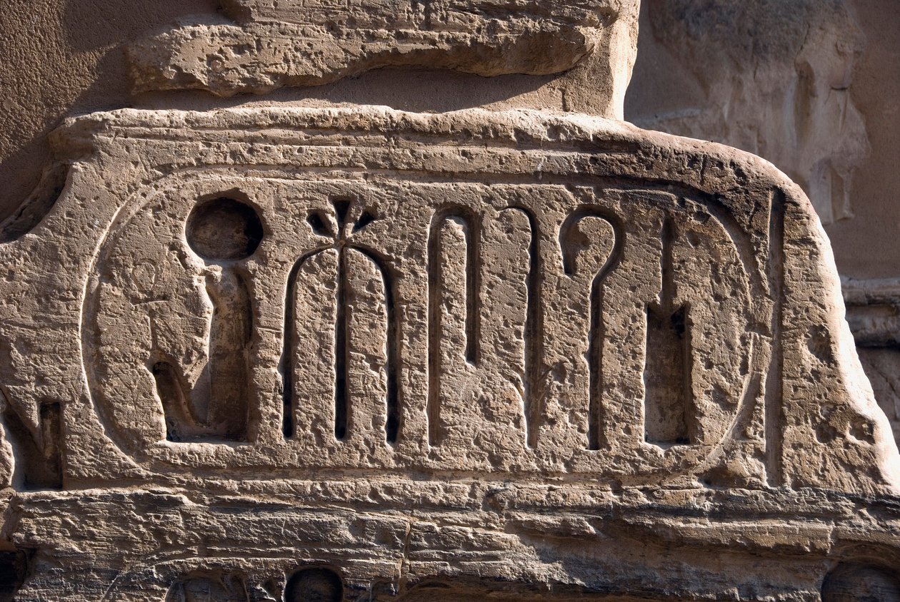 Antichità egizia: cartiglio del faraone Ramses III. Tempio funerario di Ramses III. Luxor, Medinet Habou, Egitto da Egyptian 20th Dynasty