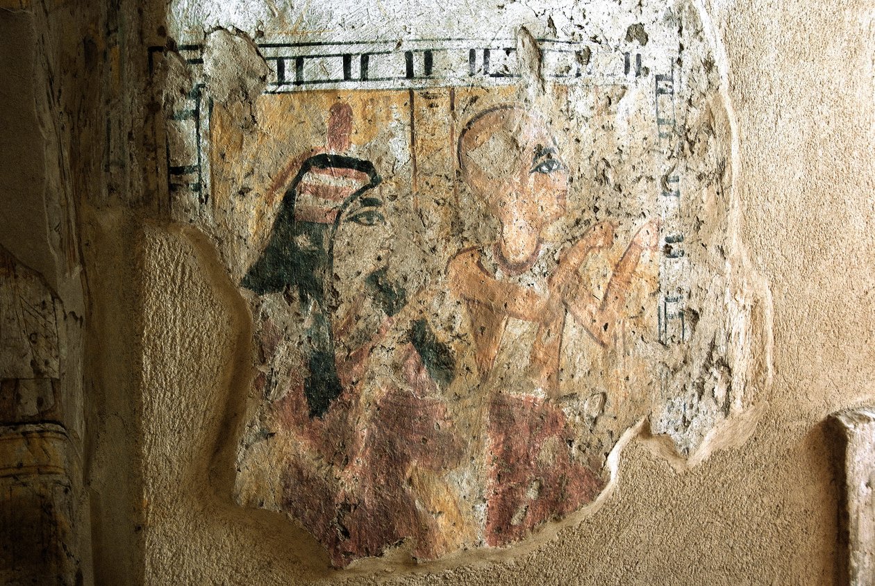 Antichità egizia: rappresentazione di Shuroy e sua moglie in adorazione. Dipinto della tomba di Shuroy (TT13). XX dinastia. 1190-1077 a.C. Necropoli di Dra Abu el-Naga, Riva Ovest di Luxor, Egitto da Egyptian 20th Dynasty