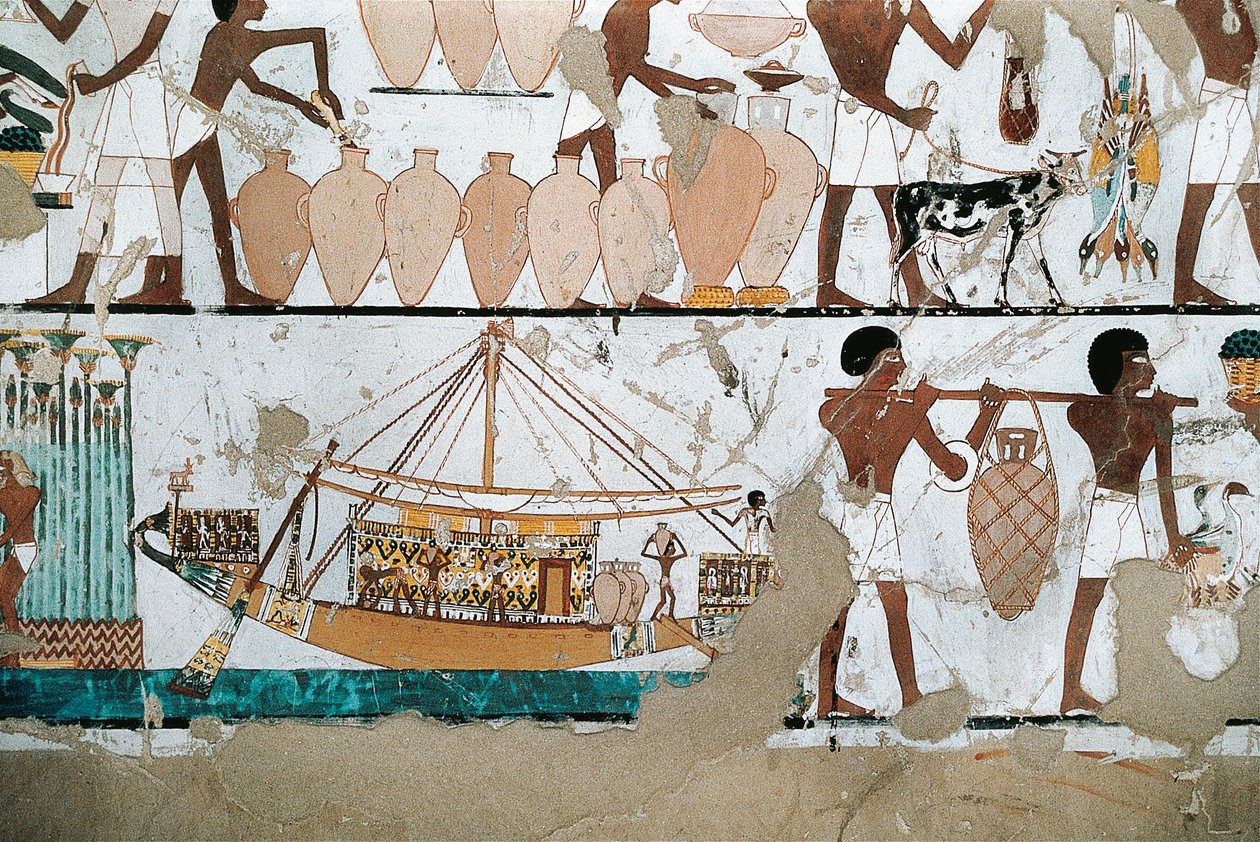 Pittura murale raffigurante scena di trasporto del vino su barca, dal Nuovo Regno da Egyptian 20th Dynasty