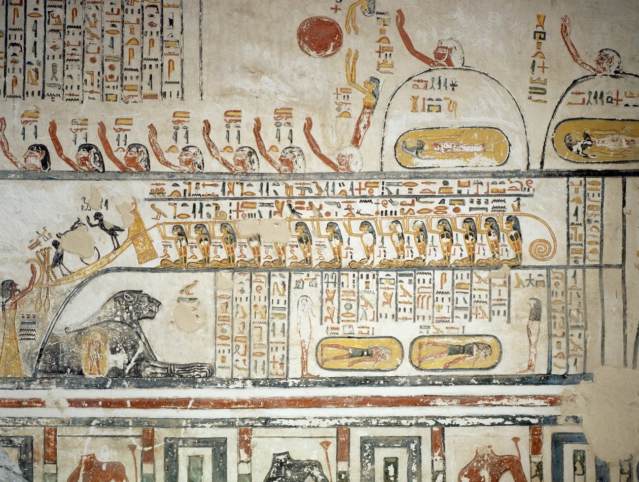 Processione che segue la navigazione celeste del dio Sole Ra, Libro della Terra, (dettaglio) dagli affreschi della camera funeraria della Tomba di Ramesse VI, Valle dei Re, Luxor, Tebe (Patrimonio dell