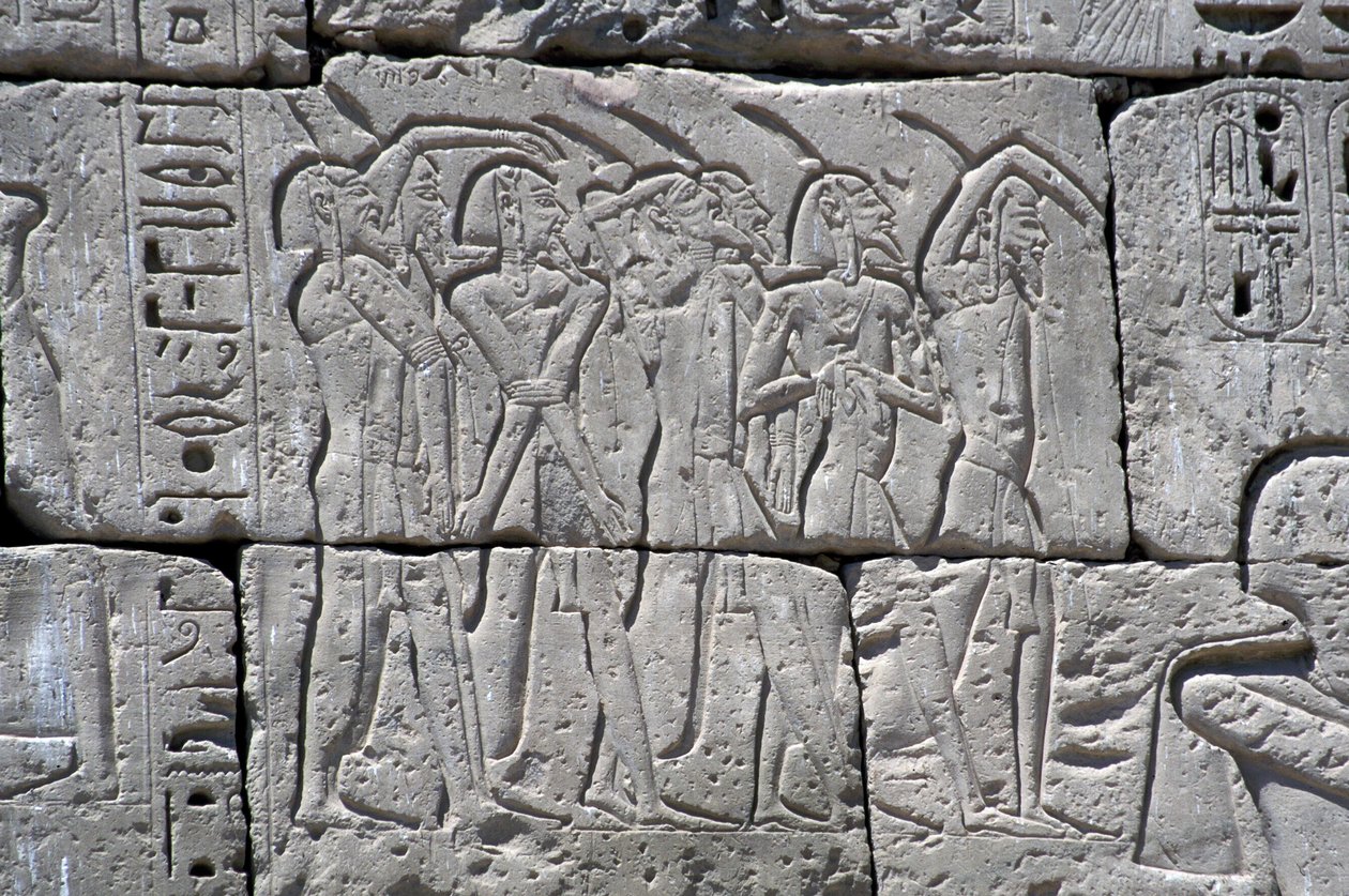 Rilievo raffigurante prigionieri del nord nella battaglia di Ramses III, Grande Tempio di Medinet da Egyptian 20th Dynasty