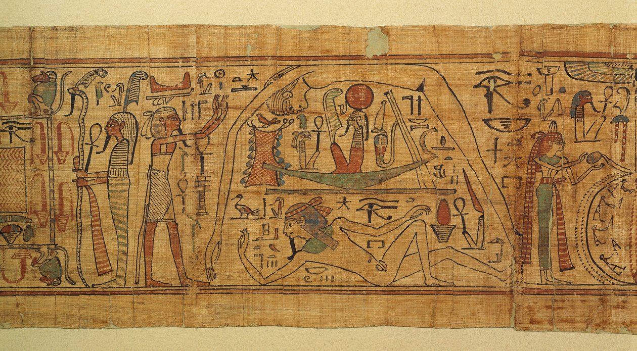 Libro delle immagini mitologiche di Nespakachuty, la separazione del cielo e della terra con la barca solare da Egyptian 21st Dynasty