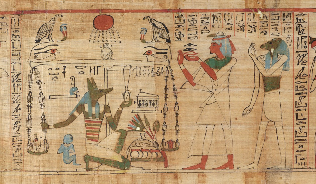 Dettaglio dal Libro dei Morti del sacerdote Aha-Mer che raffigura Anubi che pesa il cuore del defunto contro la Piuma della Verità (papiro) da Egyptian 21st Dynasty