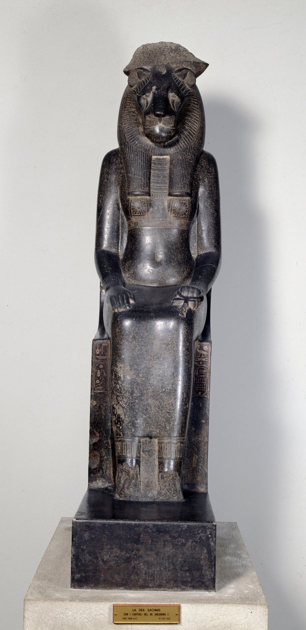 Antichità egizia: la dea leonessa Sekhmet con il cartiglio del re Sheshonq I. Statua di granito nero. 950-929 a.C. Torino, Museo Egizio da Egyptian 22nd Dynasty