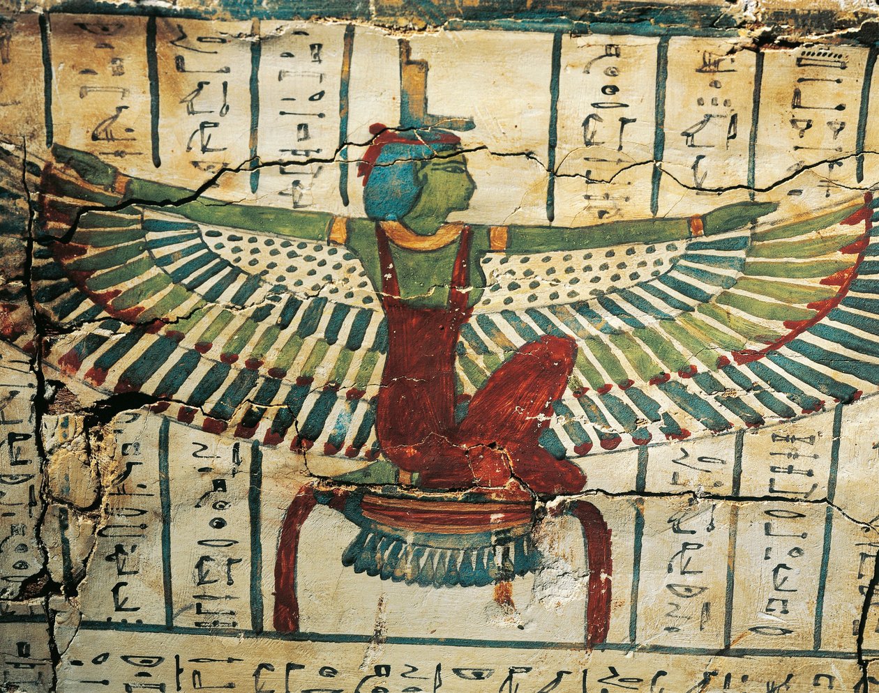 Legno dipinto e laccato, raffigurante la dea Iside con ali spiegate, sul Sarcofago di Cesraperet da Tebe Ovest da Egyptian 25th Dynasty