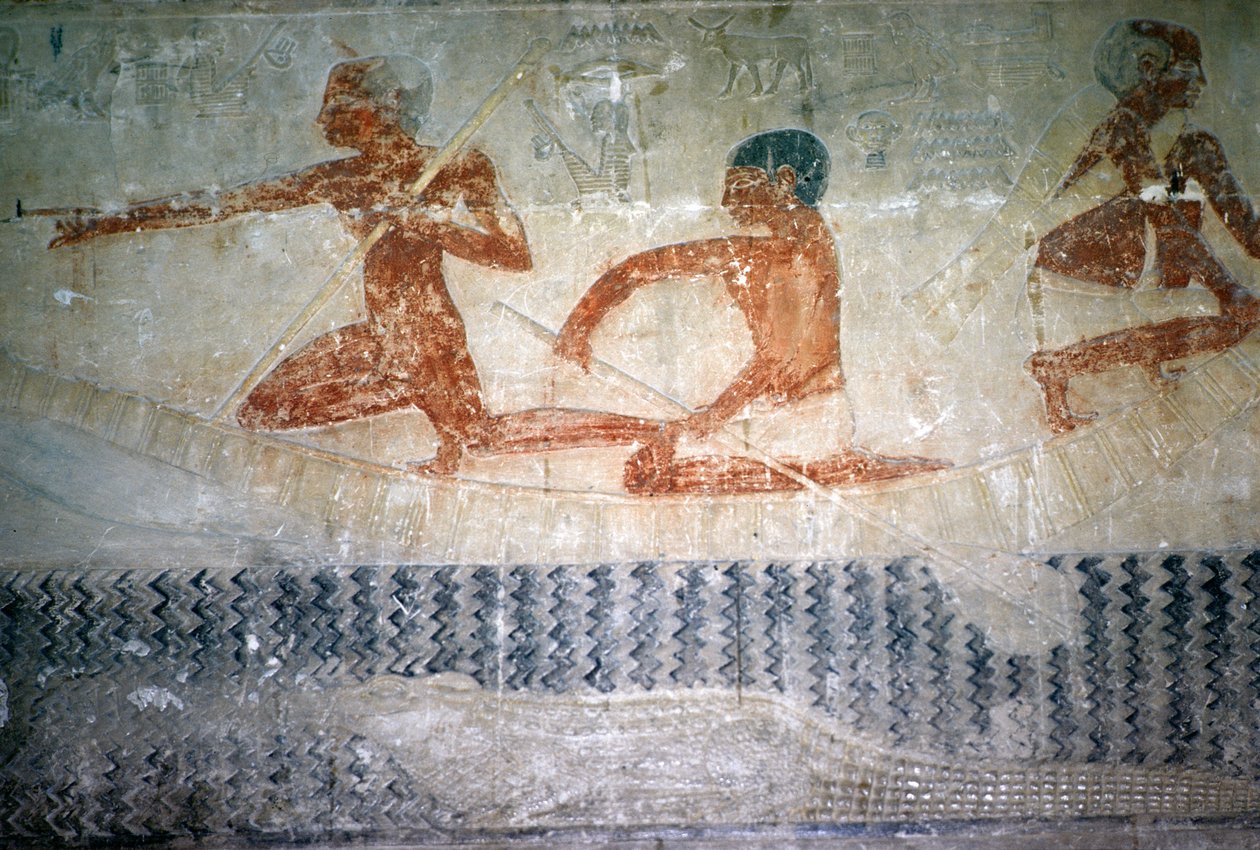 Pescatori e un coccodrillo dalla parete nord della Cappella Mastaba di Ti, Antico Regno da Egyptian 5th Dynasty