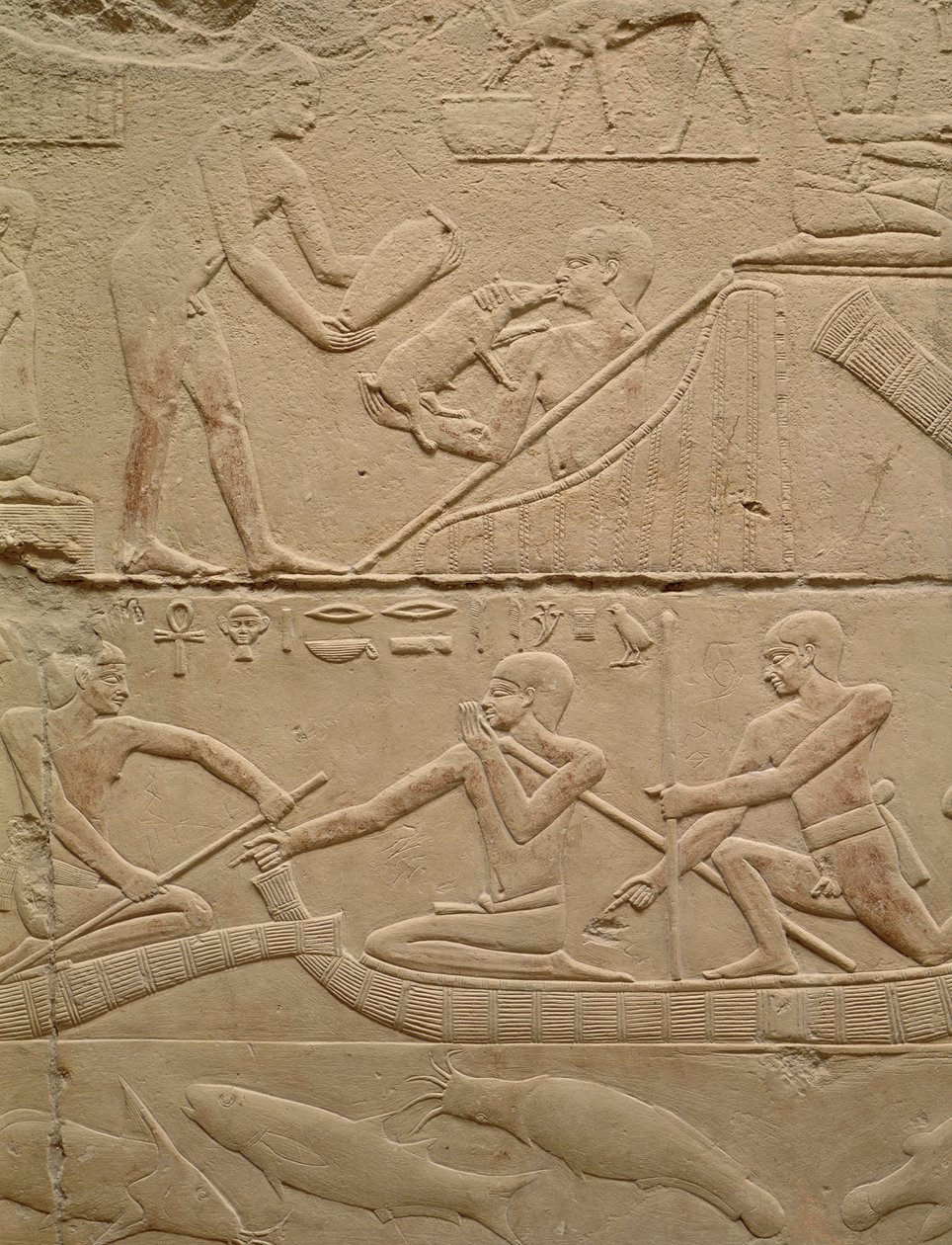 Rilievo raffigurante un uomo che si prende cura di un maialino appena nato e uomini in barche di papiro, dalla Mastaba di Kagemni, Antico Regno (calcare dipinto) da Egyptian 6th Dynasty