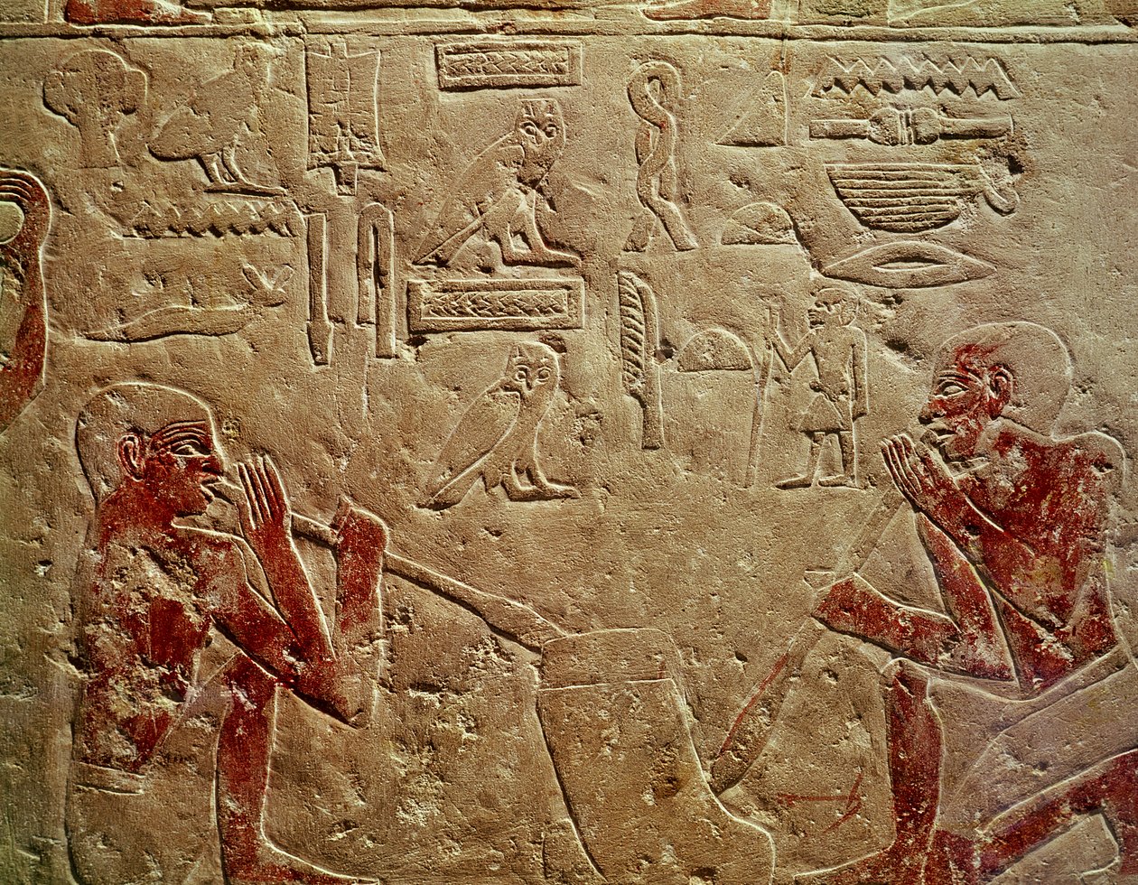 Rilievo raffigurante soffiatori di vetro, dalla Mastaba di Kaemrehu, Saqqara, Antico Regno, c.2325 a.C. (calcare dipinto) da Egyptian 6th Dynasty